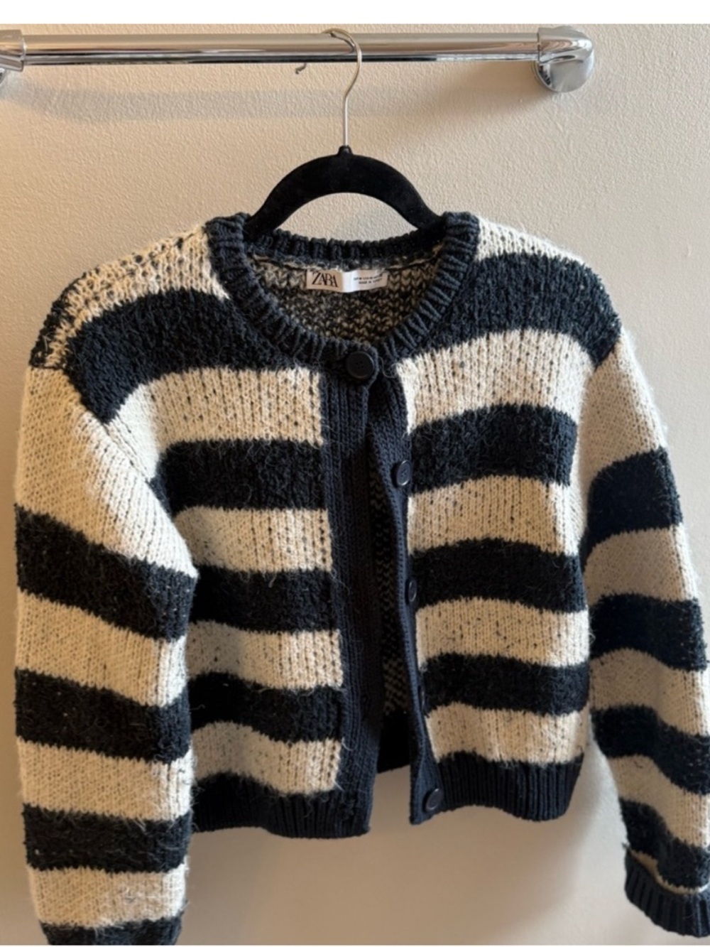 Zara Black and Cream Striped Knit Cardigan with Button Front